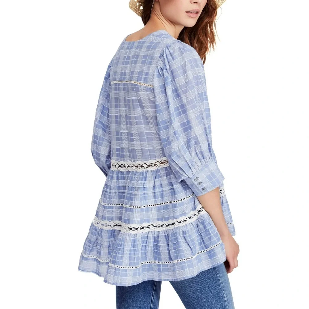 Free People Time Out Lace Tunic Shirt Blouse Chambray Blue White Plaid Medium - Picture 12 of 12